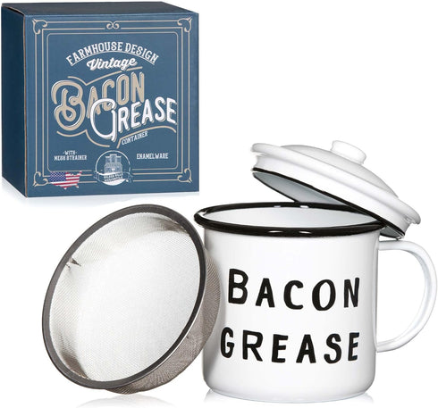 Golden Hills Mercantile Bacon Grease Saver with Strainer - Vintage Enamelware Design, 4 inch x 4 inch (Black)