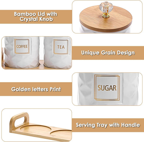 JUXYES Set 3 Set Sets Counter of Ceramic Canisters for Sugar Coffee Tea With Handle Tray, Luxurious Storage Containers