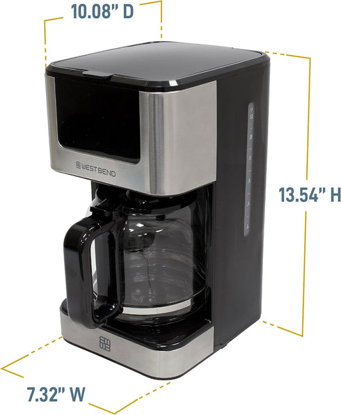 Programmable 6 12-Cup, West Bend Drip Coffee Maker Brews Hot or Iced, with Brew Strength Selector Auto Shut-Off