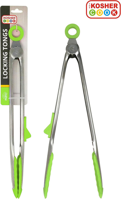 Parve Green Locking Kitchen Tongs, 12” Heavy Duty Multipurpose Tool, Stainless Steel with Non-Stick Tips