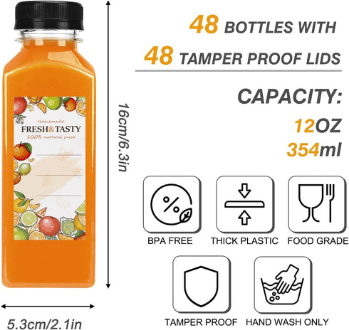 48pcs 12oz TOMNK Juice Bottles, Reusable Plastic Juice Bottles with Caps and Labels, Funnel, Brush Beverage Containers