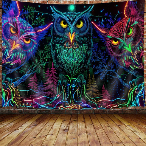 JAWO Psychedelic Owl Tapestry, Trippy Forest Line Art Wall Hanging, Moon Animal Bird Blacklight Tapestry (60X40 Inch)