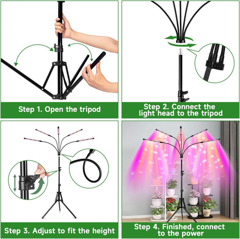 5 100 15-63" Tripod&6/12/16H Garpsen Grow Light with Stand, Heads Grow Lights for Indoor Plants, LEDs Full Spectrum Led