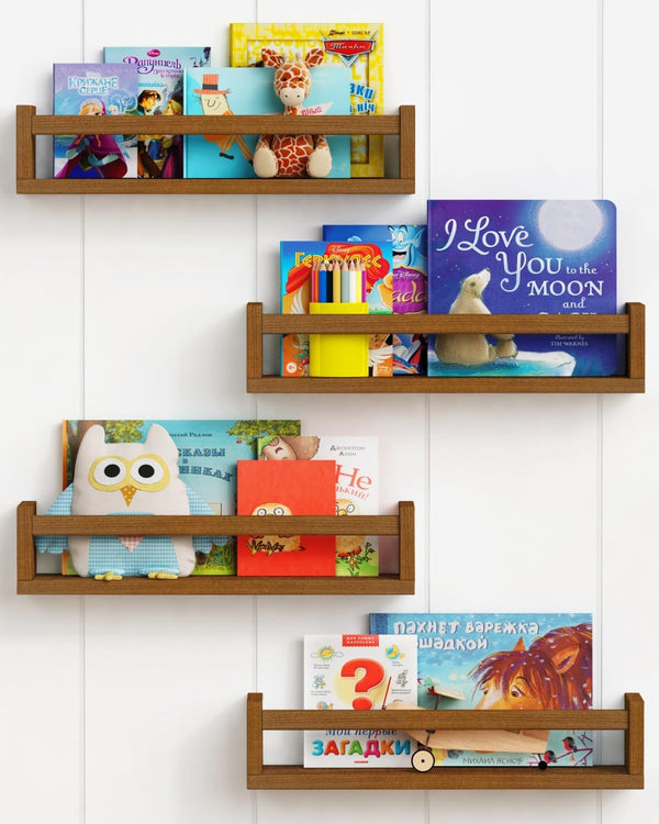 Forbena Walnut Brown Nursery Bookshelf Wall Mounted, Wooden Floating Book Shelves for