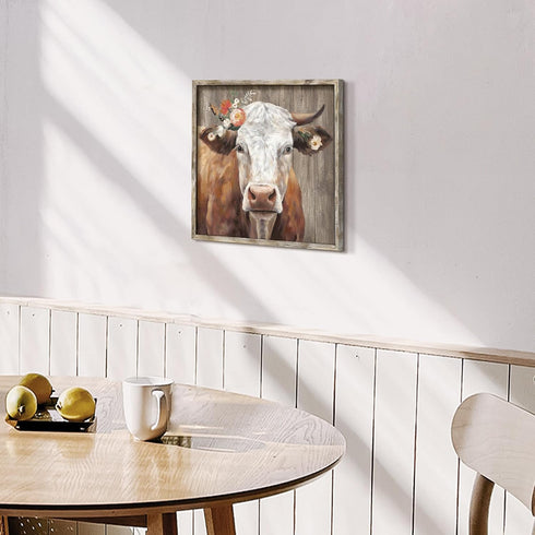 Cattle Framed Wall Art Decor, Rustic Farmhouse Cow Animal Painting with Wildflowers Artwork for House