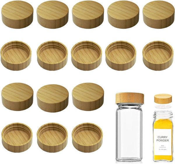 Spice Jar Lids for 4 Oz and 8 Oz Square Spice Jars - Bamboo Jar Lids for Kitchen Organization (16 Pcs)