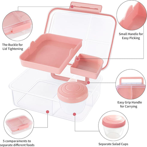 43-oz 5-oz Finorder Light Pink Portable Bento Lunch Box with Handle, BPA Free Snack Food Container for Picnic Work