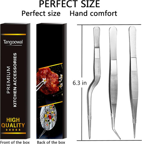 Kitchen Cooking Tweezers Culinary, 3 Piece Set Stainless Steel Precision Tongs with Offset Tip for Food Design Styling