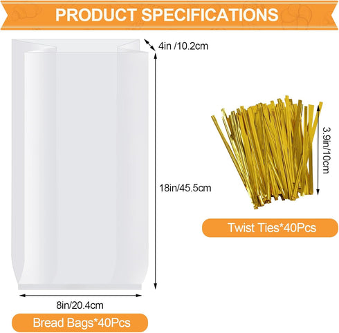 70 Pack 100 Pack 8" 4" 18" vivinin Bread Bags & Ties, x x Clear Bread Bags for Homemade Bread, Reusable Plastic Bread