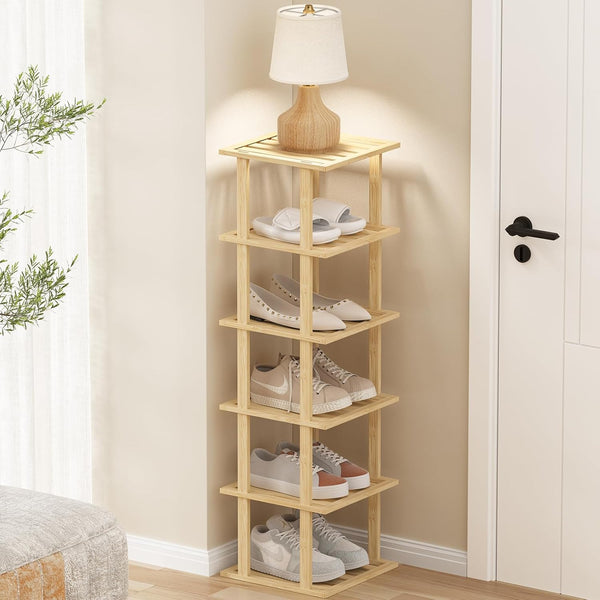 Bamboo Shoe Rack, Vertical Narrow Shoe Rack for Small Spaces, Space Saving Storage for Front Door Entrance, Closet,