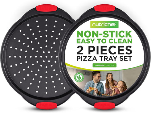 NutriChef 2-Piece Nonstick Pizza Tray, 13-Inch Round Carbon Steel Baking Pan with Perforated Holes, Dishwasher Safe