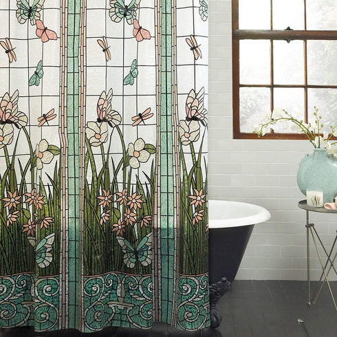 Extra Long Flower Dragonfly Waterproof Bathroom Fabric Shower Curtain 84 inch Bath Curtain