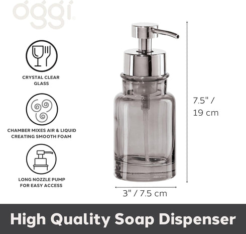 OGGI Glass Foaming Soap Dispenser, 10oz Capacity, Stylish Refillable for Bathroom and Kitchen in Gray/Chrome