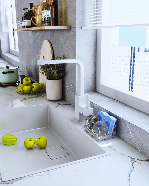 Consumest 304 Stainless Steel Sponge Holder for Kitchen Sink, Movable Caddy with Detachable Drip Tray - Silver