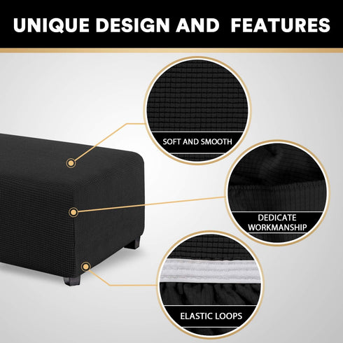 PrinceDeco Stretch Ottoman Cover for Living Room Foot Stool, Thick Checked Jacquard Fabric with Elastic Bottom (Large