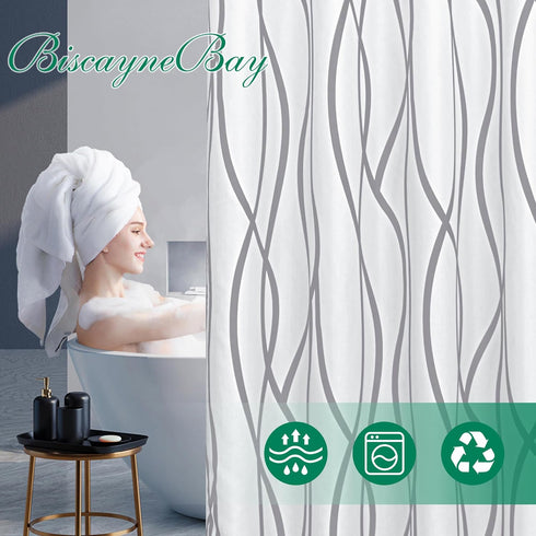Biscaynebay Extra Long Textured Fabric Shower Curtain 72 W x 84 L, Silver Grey Striped Printed Linen, Machine Washable