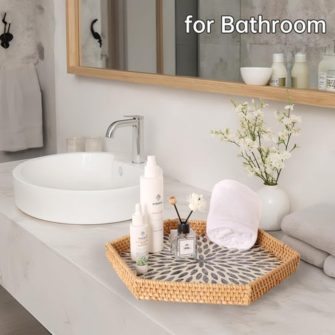 14.5"12.8") Hexagon Rattan Tray with Mother of Pearl Inlay, Rattan Serving Tray for Coffee, Bread, Fruits, Snacks