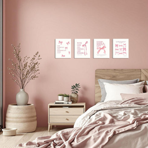 SEHSUVC Set 4, 8x10In Coquette Pink Bow Bible Verse Wall Art of Christian Scripture Inspirational Canvas Prints, Cute