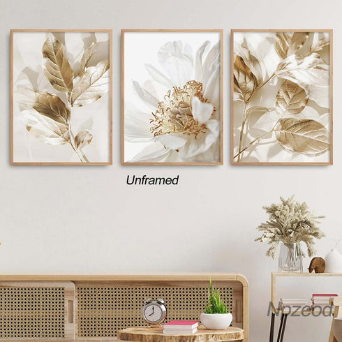 Abstract Golden White Flower Leaves Wall Art Posters, Modern Plant Landscape Canvas Prints for Living Room Decor
