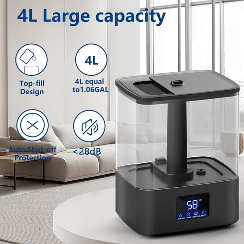 4L 60H 3 8H 4L) KZF Top Fill Humidifiers for Bedroom & Runtime - Cool Mist Humidifier, Mist Levels, Timer, Essential