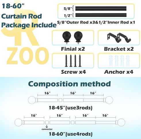 Matte Black Curtain Rods Set, 5/8 inch Splicing Drapery Rods, Size: 18 to 60 Inches (1.5-5 Feet)