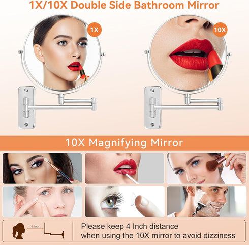AumVum 8 inch 1X/10X 10X) 360 Wall Mounted Makeup Mirror, Magnifying Double-Sided Wall Mount Shaving Mirror (Close-Up