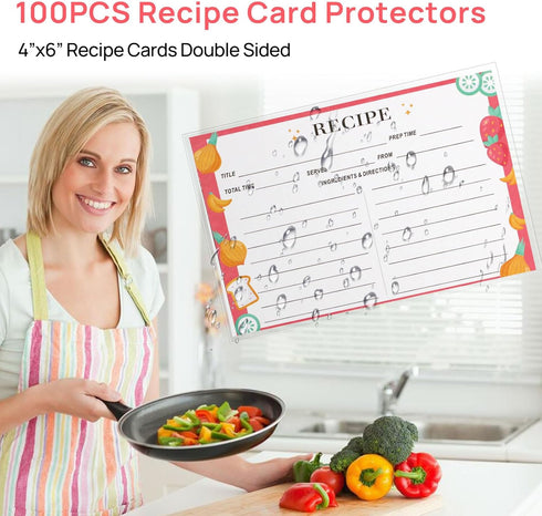 100PCS Recipe Card Protectors, 4x6 Waterproof Clear Covers, Plastic Sleeves to Protect Your Recipes from Kitchen Messes.