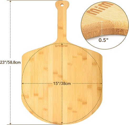 Natural Bamboo Pizza Peel - 15 Inch Wooden Spatula for Baking Homemade Pizza, Bread, and Cutting Fruit and Veggies