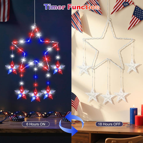 4th 2 Pack 62 8 Lewondr of July Decorations, Red White and Blue Window Star Lights with LEDs, Patriotic Star Lights
