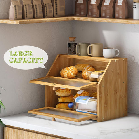 Countertop,Double Counter,Bamboo BMOSU Large Bread Box for Kitchen Layer Bread Box for Kitchen Wood Bread box Capacity