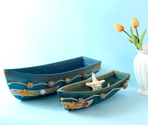 Konjouror 2 Pack Wooden Boat Tray Display, Blue Boat Model Decoration, Nautical Beach Ocean Decor