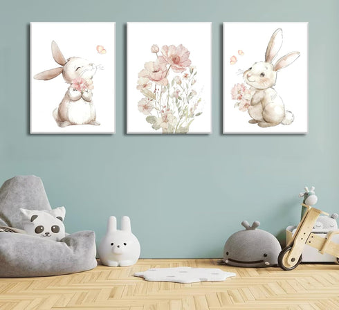 Grengel Pink Girl Nursery Bunny Canvas Wall Art Cute Rabbit Wildflowers Painting Pictures Wall Decor Botanical