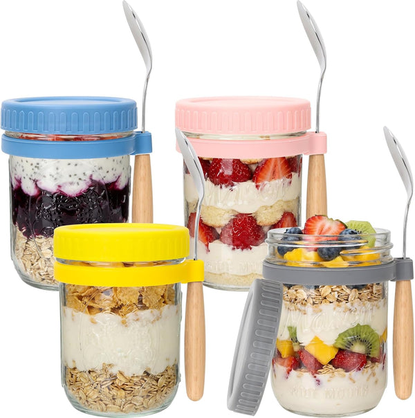 CycleMore 4-Pack 16 oz Overnight Oats Containers with Airtight Lids, Colorful Lids