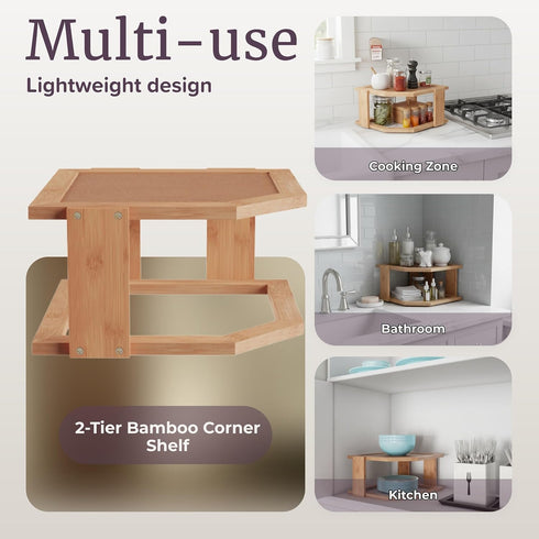 2-Tier Countertop, Bamboo Corner Shelf for Kitchen or Bathroom Cabinet, Cupboard Storage and Organizer, Natural Wood