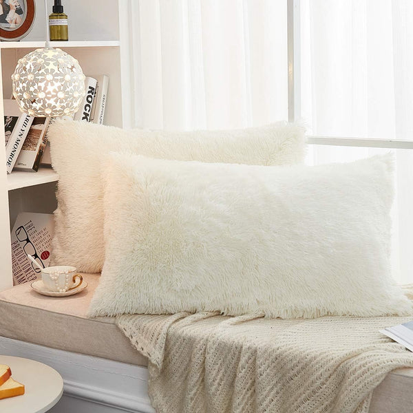 JAUXIO Long Faux Fur Soft Decorative Pillowcase, Set of 2 Velvet Shaggy Cushion Covers, King Size (20X36 Inches)