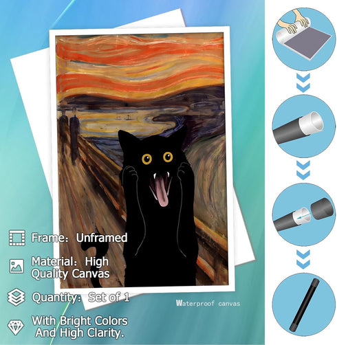 TYOHU Scream Funny Black Cat Poster, 16x24in Unframed Retro Sunset Glow Canvas Wall Art