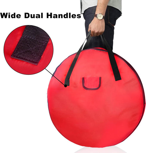 TQS Large Christmas Wreath Storage Bag - 30 Inch, Red Cotton, Zipper Closure, Reinforced Handles, Ideal for Decorations