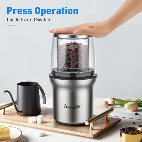 Secura Brands Coffee Grinder Electric Spice Herb Seeds Grinder with Two Glass Bowl, Dry and Wet Grinder