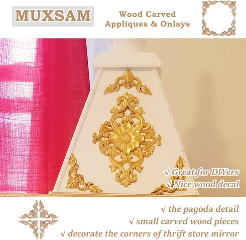 MUXSAM 4Pcs Unpainted Wood Carved Appliques Onlays - Little Wooden Corners Flower Carvings for Mirrors, Cabinets,