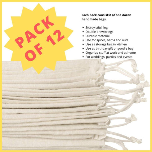 DR Cotton Muslin Drawstring Bags, 5×7 Inch, 12-Pack, Unbleached Reusable Favor Pouches