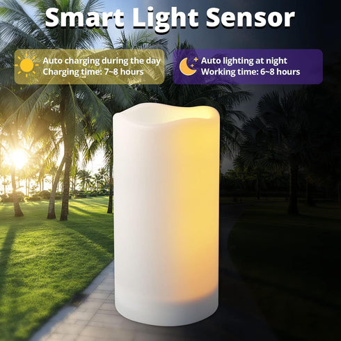 Set, 3.25" 6" NURADA Large Outdoor Solar Powered Candles - Flameless Pillar Waterproof Rechargeable Candle White Resin
