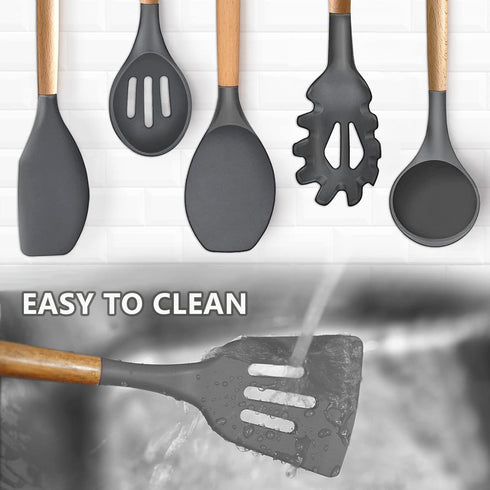 Kitchen Cooking Utensils Set, 6Pcs Silicone Gadgets with Wooden Handle, Heat Resistant Spatula, Ladle, Turner Set