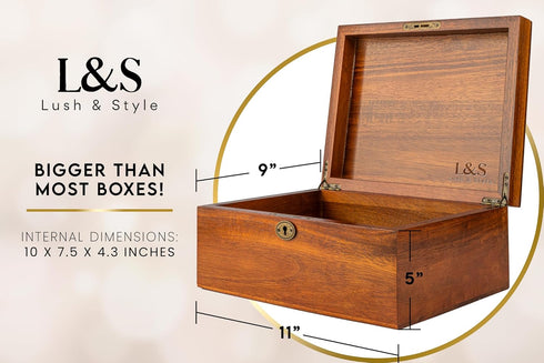 LUSH & STYLE Keepsake Box, Decorative Wooden Storage Box with Hinged Lid & Locking Key, Size 11X9X5 Inches