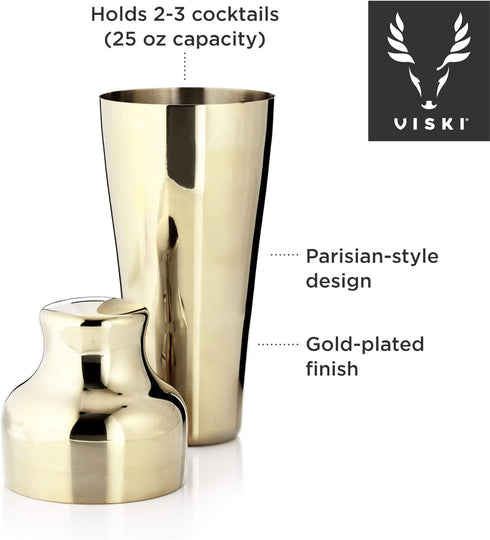 Viski Parisian Cocktail Shaker Set, 25 oz Gold Plated Stainless Steel Shaker with Strainer