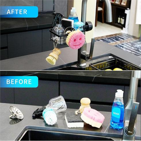 Sponge Holder for Kitchen Sink Smiley Face Sponge Holder Over Faucet - Stainless Steel Sink Caddy Organizer with Quick