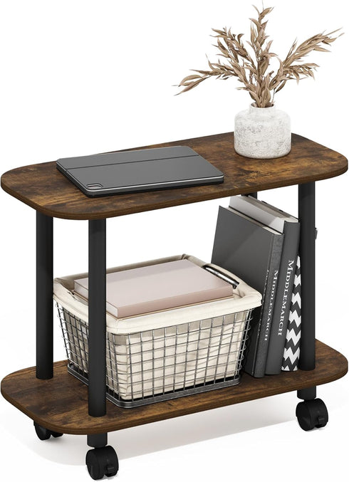 2-Tier Furinno Turn-N-Tube Side Table, Oval Sofa End Table with Wheels, Toolless Assembly Night Stand, Bedside Table