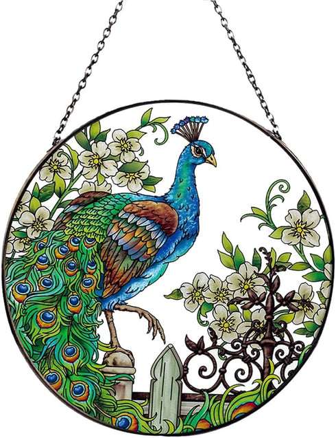 Peacock Stained Glass Suncatcher: Hand-Painted Window Wall Hanging Decor Ornament 6.5''*6.5'' for Home Garden Gift