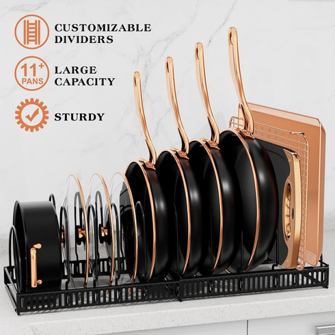 Expandable Pot and Pan Organizer Rack - Space-Saving Kitchen Cabinet Storage Solution