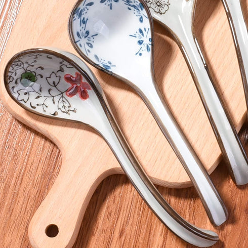 Large Hand-Painted Japanese and Korean Ceramic Soup Spoon Set of 5, Long Handle Rice Spoons