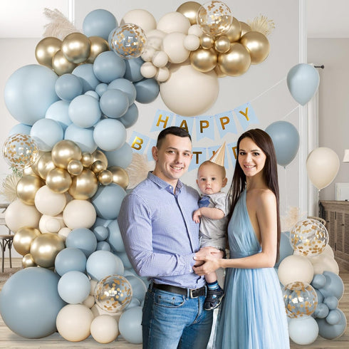 147pcs Dusty Blue Balloon Garland Arch Kit, Light Baby Blue Sand White Metallic Gold Confetti for Birthday Wedding